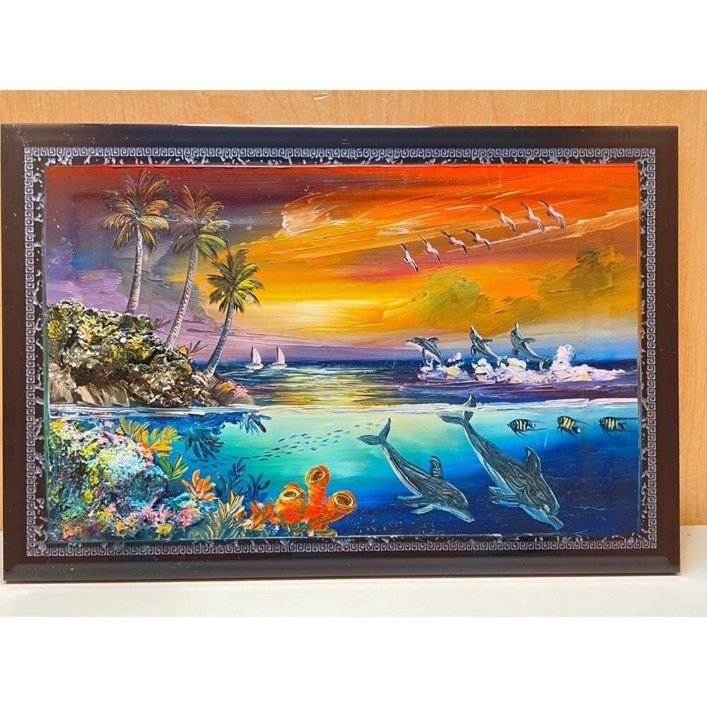 Hand-Painted Mexican Ocean Sunset Scene Wall Art On Tile By Margarita Gonzalez